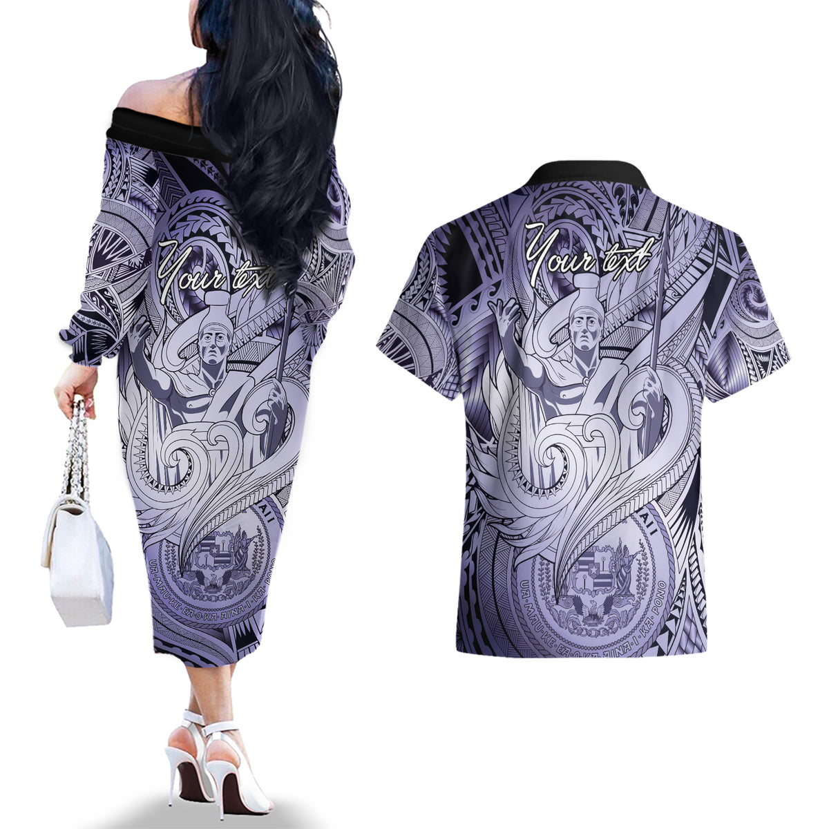 Personalised Aloha King Kamehameha Spirits Couples Matching Off The Shoulder Long Sleeve Dress and Hawaiian Shirt Violet Special LT9 - Polynesian Pride