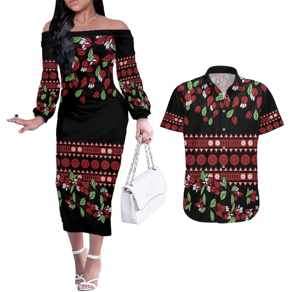 Fiji Masi Bula Tagimoucia Flowers Couples Matching Off The Shoulder Long Sleeve Dress and Hawaiian Shirt