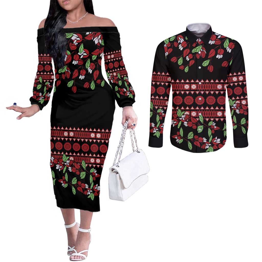 Fiji Masi Bula Tagimoucia Flowers Couples Matching Off The Shoulder Long Sleeve Dress and Long Sleeve Button Shirt