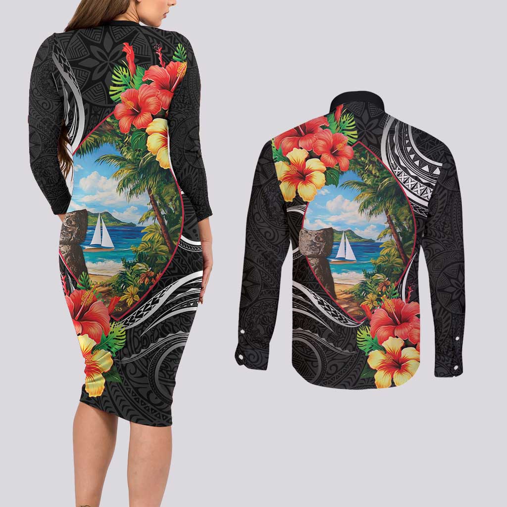 Hafa Adai Guam Couples Matching Long Sleeve Bodycon Dress and Long Sleeve Button Shirt Guahan Seal Chamorro Stones Tribal