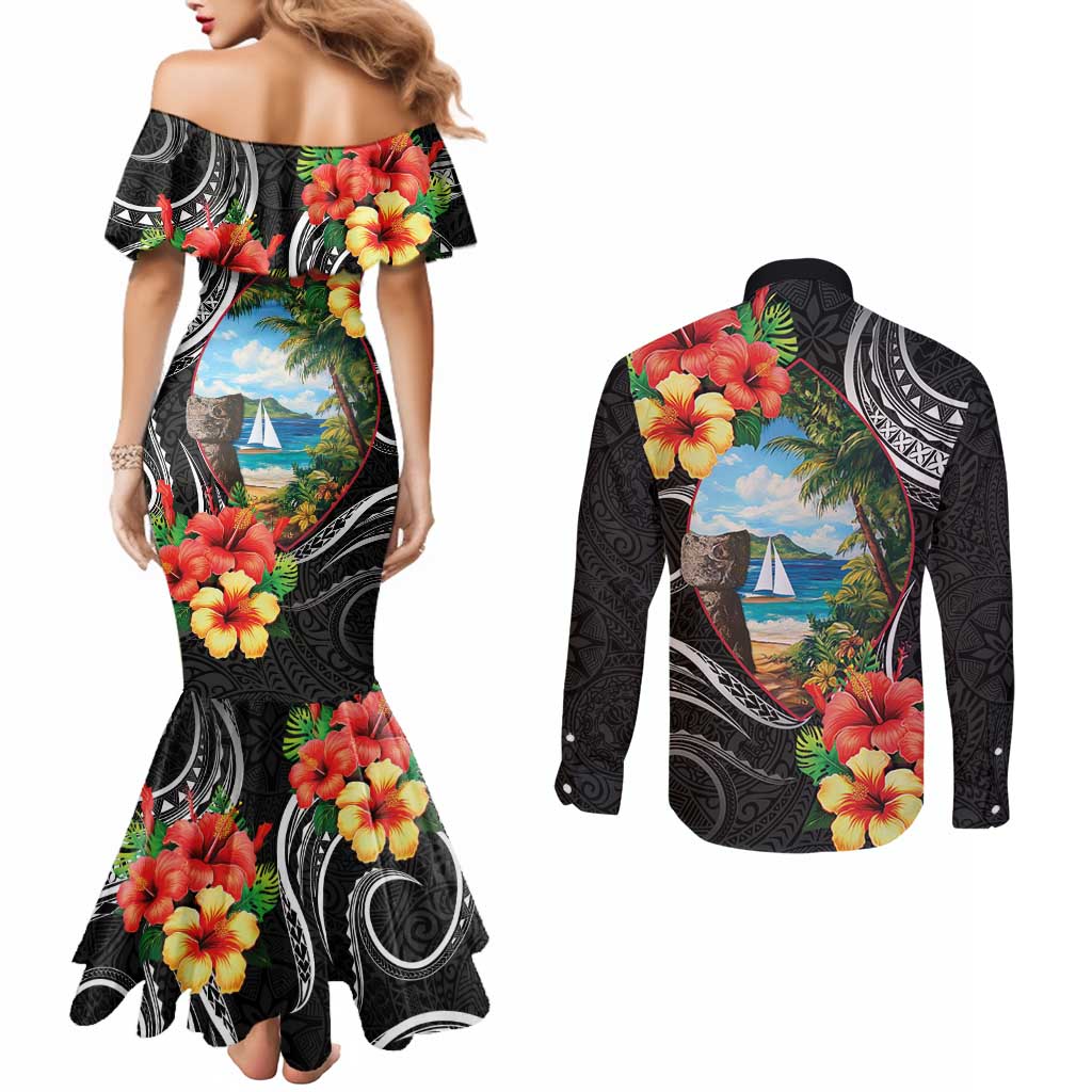 Hafa Adai Guam Couples Matching Mermaid Dress and Long Sleeve Button Shirt Guahan Seal Chamorro Stones Tribal