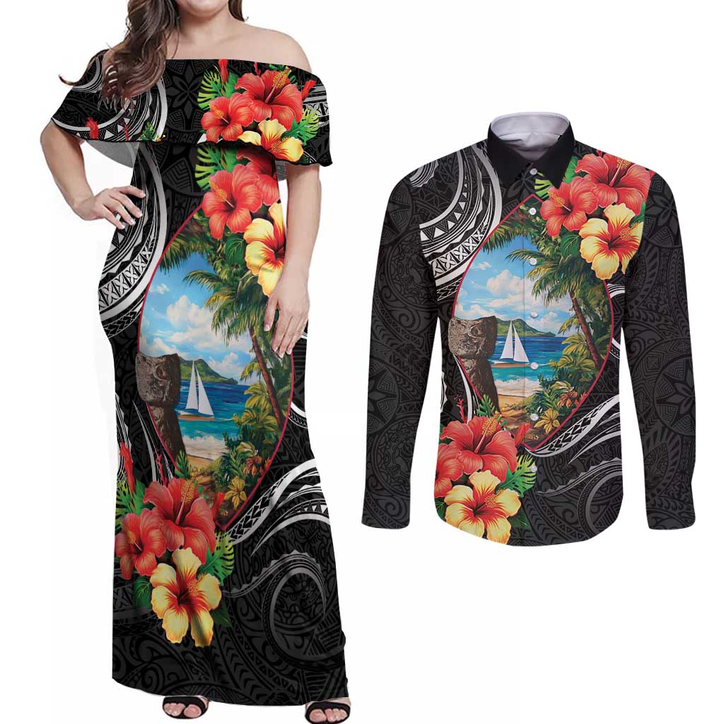 Hafa Adai Guam Couples Matching Off Shoulder Maxi Dress and Long Sleeve Button Shirt Guahan Seal Chamorro Stones Tribal