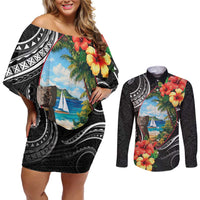 Hafa Adai Guam Couples Matching Off Shoulder Short Dress and Long Sleeve Button Shirt Guahan Seal Chamorro Stones Tribal