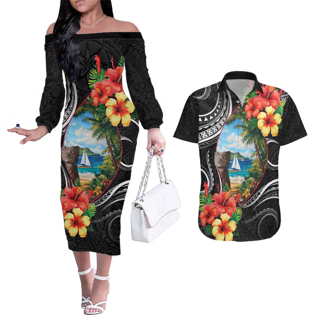 Hafa Adai Guam Couples Matching Off The Shoulder Long Sleeve Dress and Hawaiian Shirt Guahan Seal Chamorro Stones Tribal