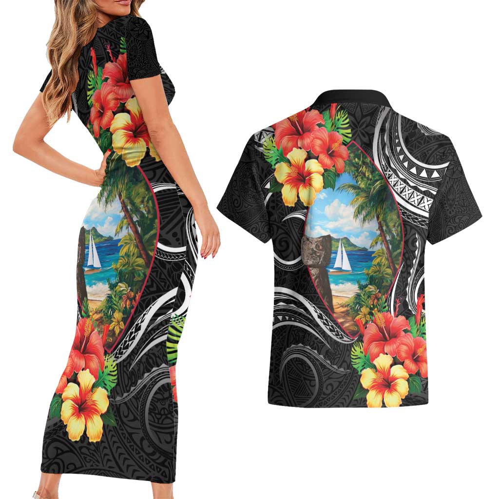 Hafa Adai Guam Couples Matching Short Sleeve Bodycon Dress and Hawaiian Shirt Guahan Seal Chamorro Stones Tribal