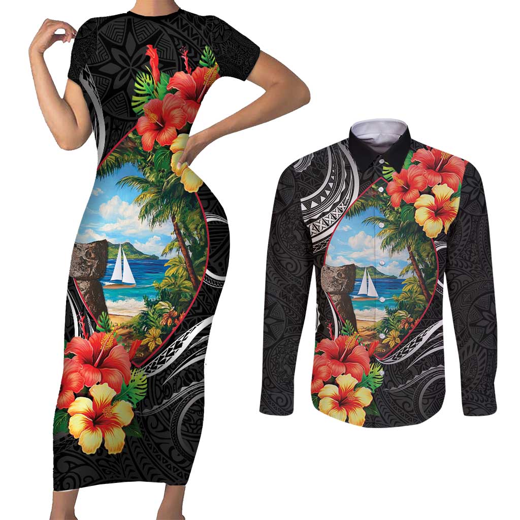 Hafa Adai Guam Couples Matching Short Sleeve Bodycon Dress and Long Sleeve Button Shirt Guahan Seal Chamorro Stones Tribal