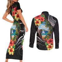 Hafa Adai Guam Couples Matching Short Sleeve Bodycon Dress and Long Sleeve Button Shirt Guahan Seal Chamorro Stones Tribal