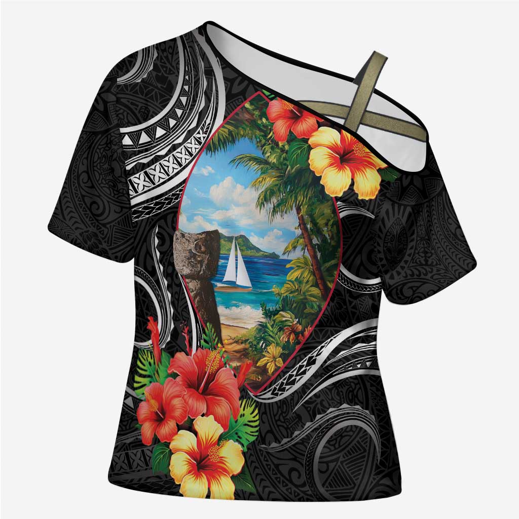 Hafa Adai Guam Cross Shoulder Shirt Guahan Seal Chamorro Stones Tribal - Polynesian Pride