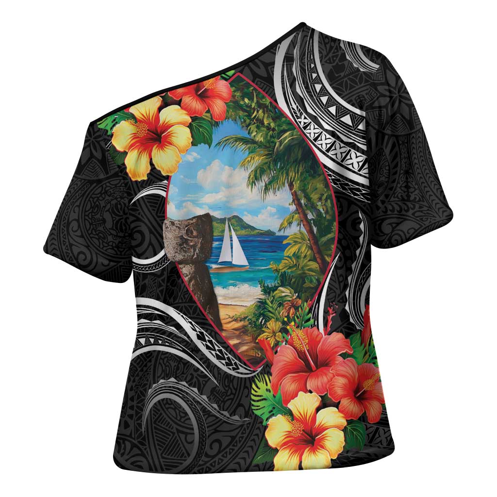 Hafa Adai Guam Cross Shoulder Shirt Guahan Seal Chamorro Stones Tribal - Polynesian Pride