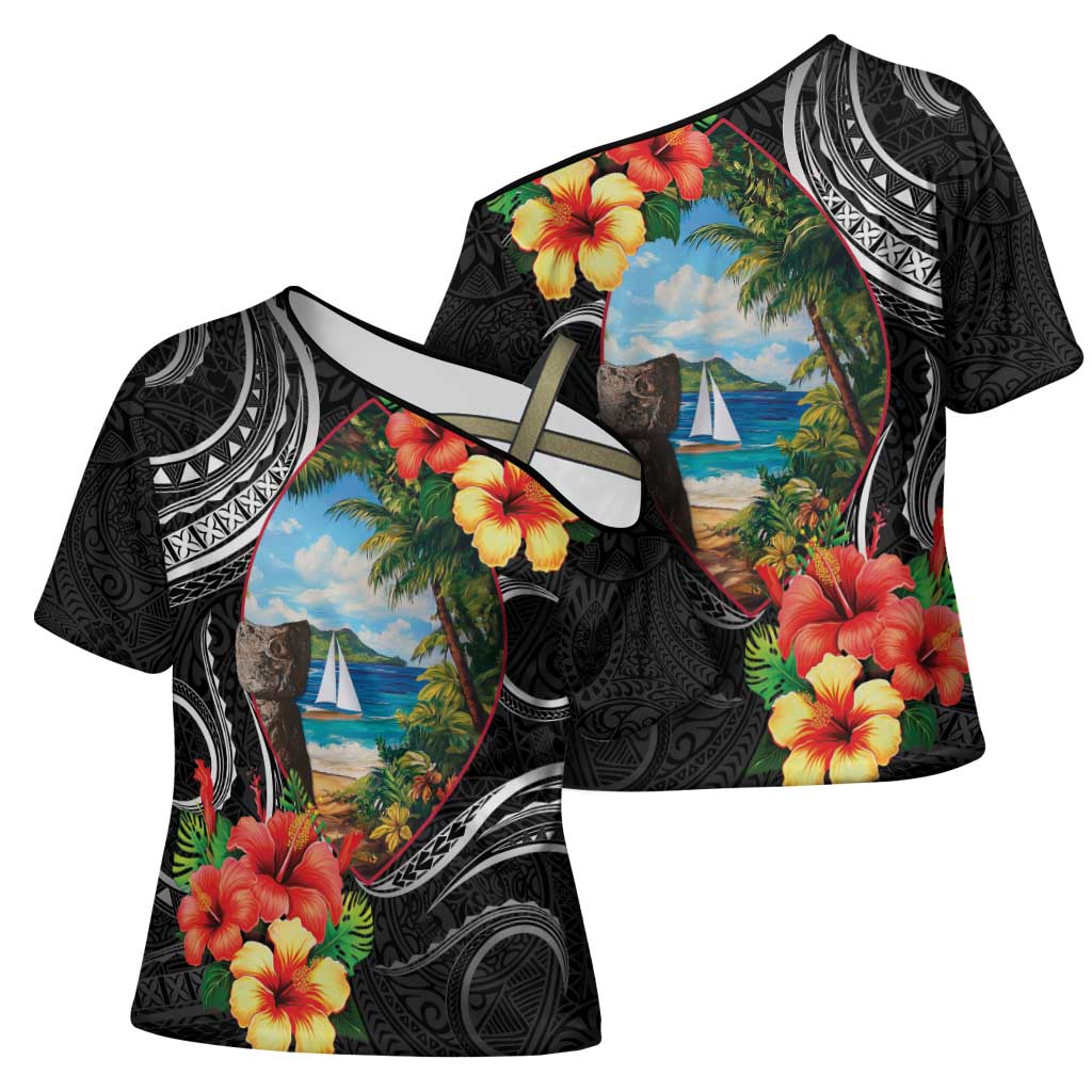 Hafa Adai Guam Cross Shoulder Shirt Guahan Seal Chamorro Stones Tribal - Polynesian Pride