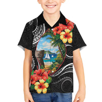 Hafa Adai Guam Family Matching Off The Shoulder Long Sleeve Dress and Hawaiian Shirt Guahan Seal Chamorro Stones Tribal