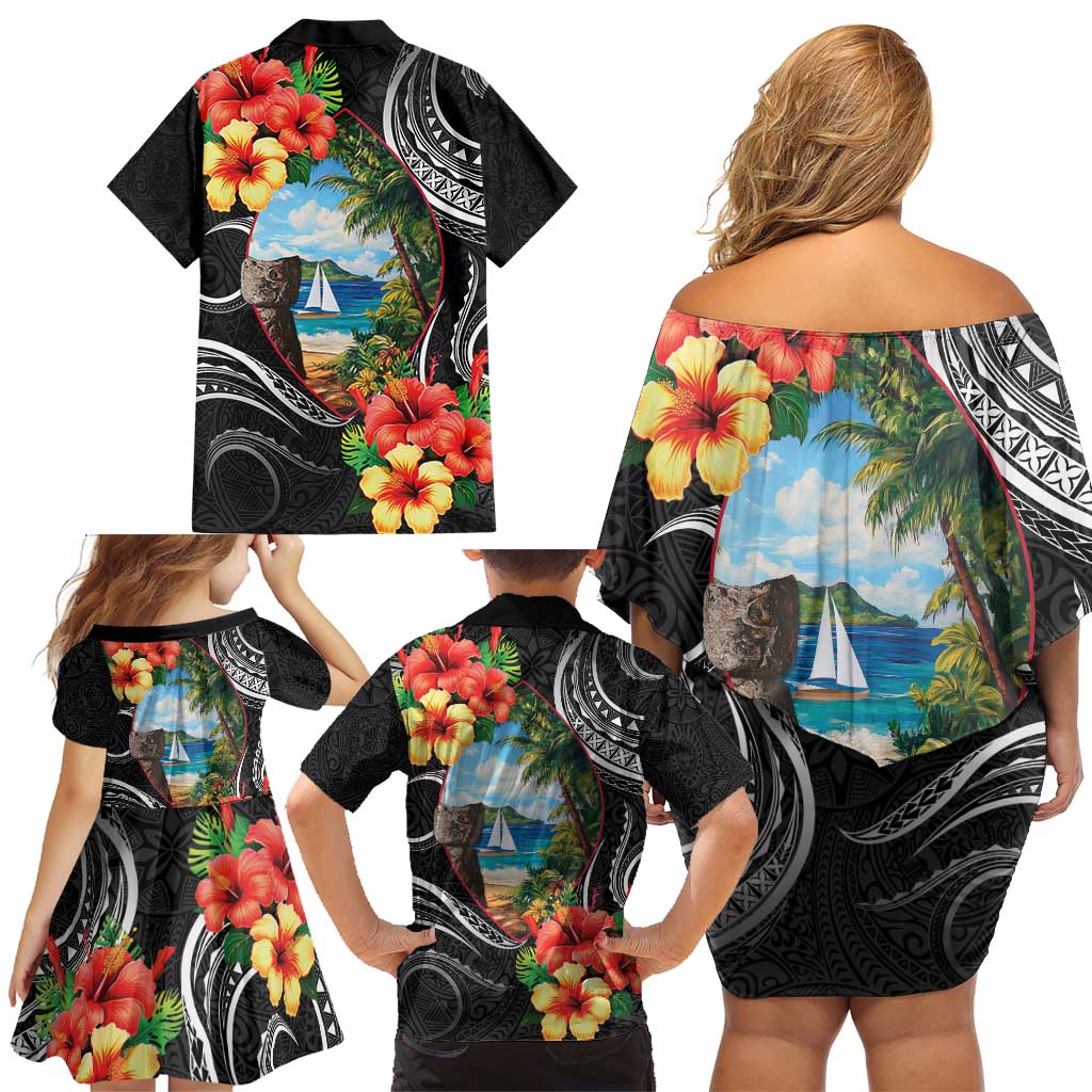 Hafa Adai Guam Family Matching Off Shoulder Short Dress and Hawaiian Shirt Guahan Seal Chamorro Stones Tribal