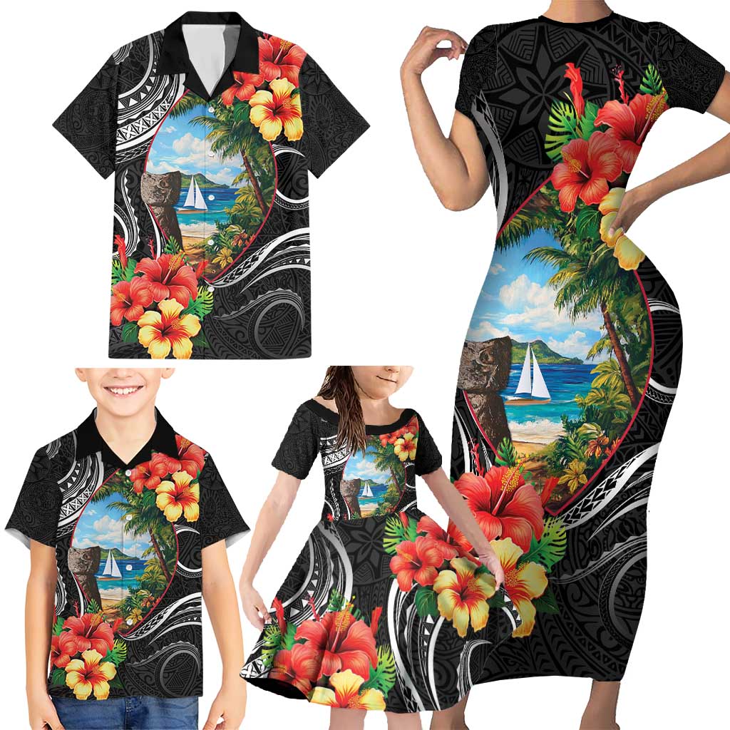 Hafa Adai Guam Family Matching Short Sleeve Bodycon Dress and Hawaiian Shirt Guahan Seal Chamorro Stones Tribal
