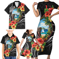 Hafa Adai Guam Family Matching Short Sleeve Bodycon Dress and Hawaiian Shirt Guahan Seal Chamorro Stones Tribal