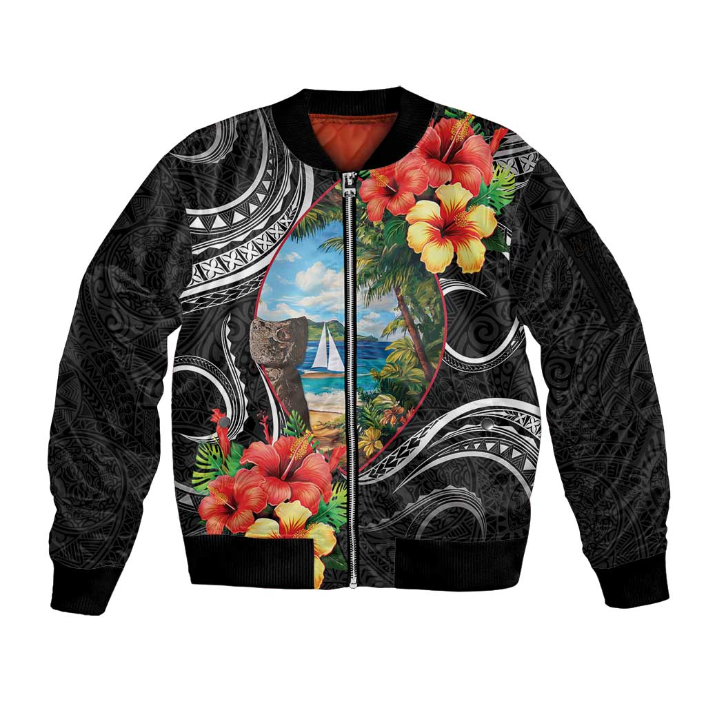 Hafa Adai Guam Sleeve Zip Bomber Jacket Guahan Seal Chamorro Stones Tribal LT9 Unisex Black - Polynesian Pride