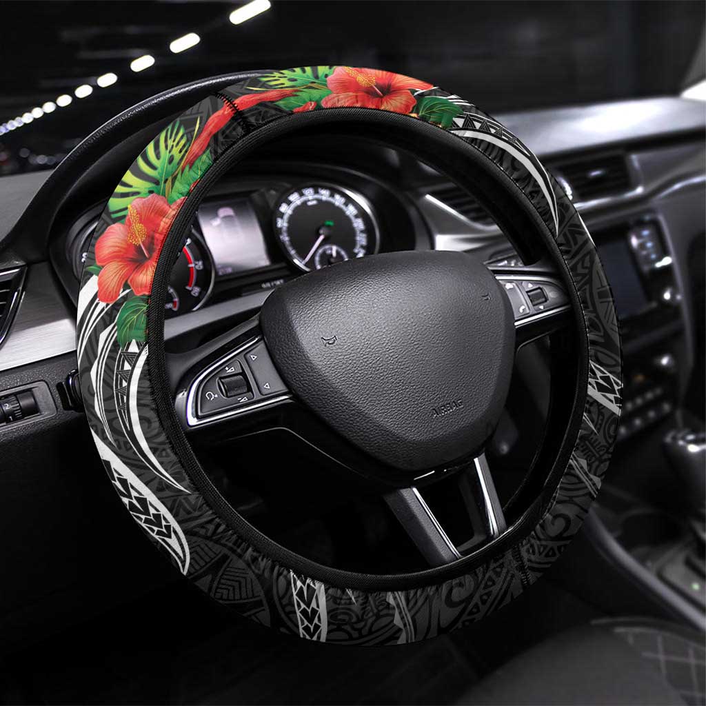 Hafa Adai Guam Steering Wheel Cover Guahan Seal Chamorro Stones Tribal LT9 Universal Fit Black - Polynesian Pride