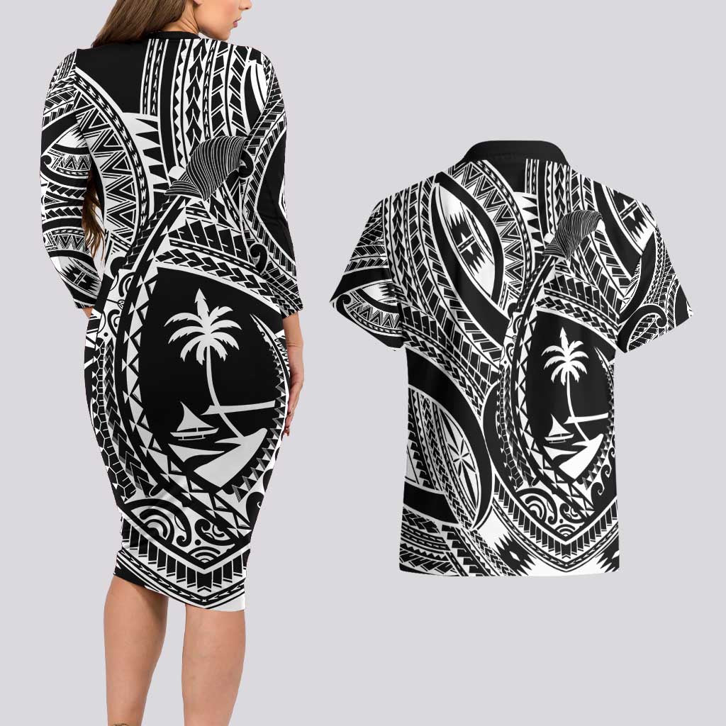 Hafa Adai Guam Inspired Tattoo Couples Matching Long Sleeve Bodycon Dress and Hawaiian Shirt