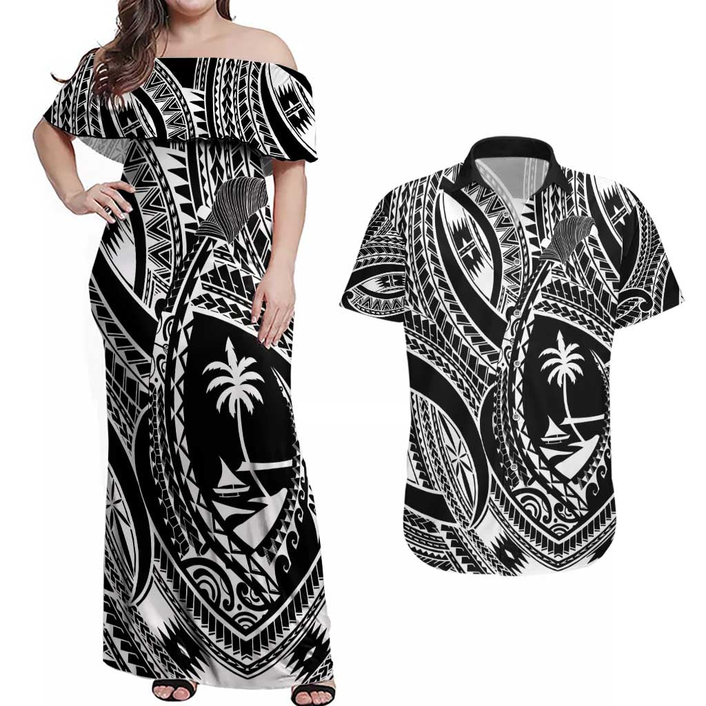 Hafa Adai Guam Inspired Tattoo Couples Matching Off Shoulder Maxi Dress and Hawaiian Shirt