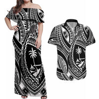 Hafa Adai Guam Inspired Tattoo Couples Matching Off Shoulder Maxi Dress and Hawaiian Shirt