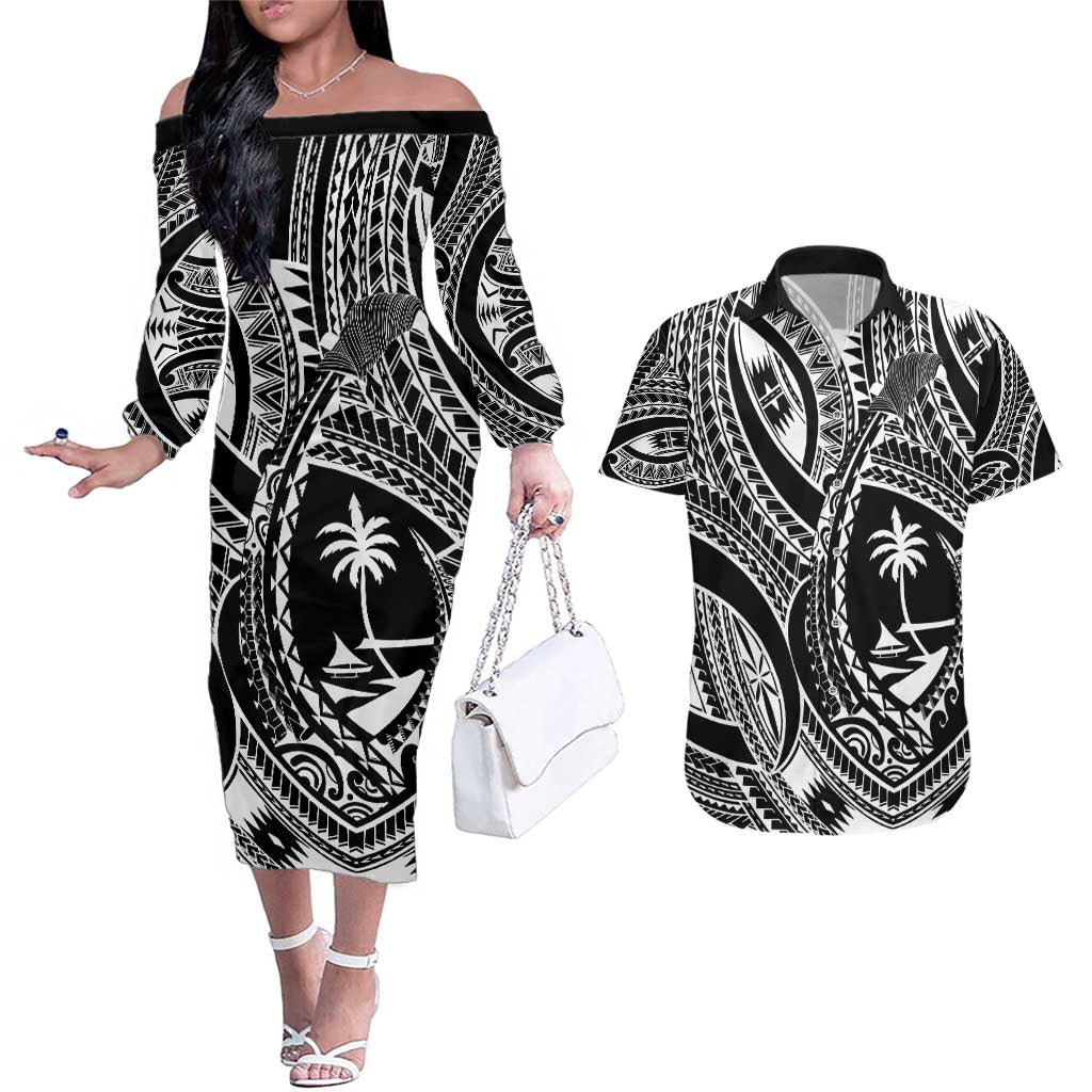 Hafa Adai Guam Inspired Tattoo Couples Matching Off The Shoulder Long Sleeve Dress and Hawaiian Shirt