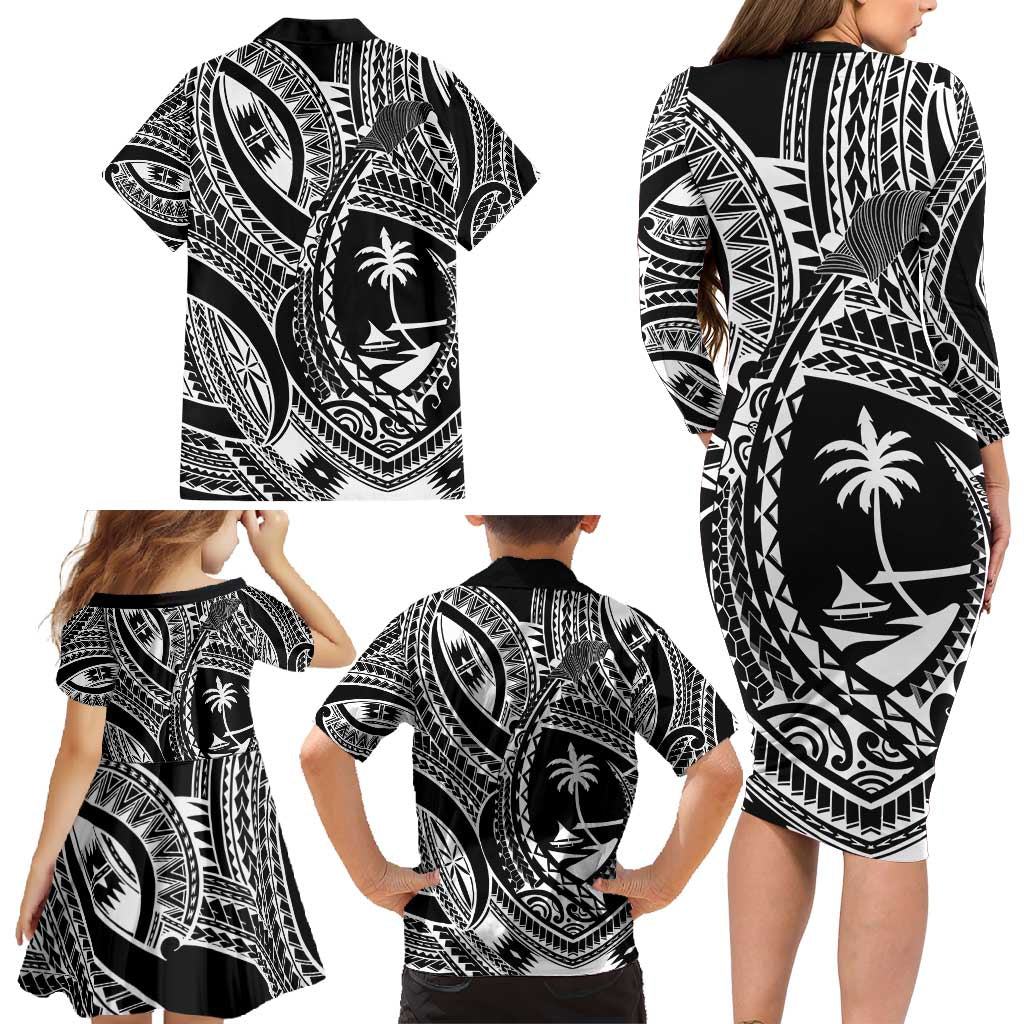 Hafa Adai Guam Inspired Tattoo Family Matching Long Sleeve Bodycon Dress and Hawaiian Shirt