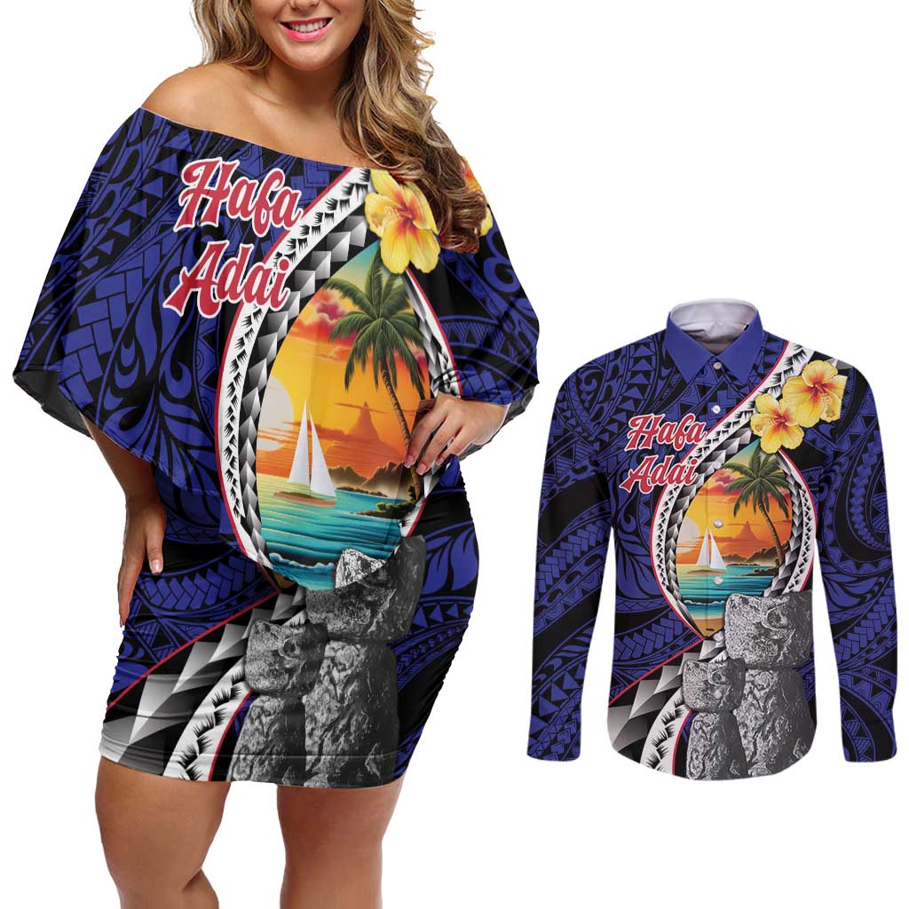 Hafa Adai Guam Seal Latte Stones Artwork Couples Matching Off Shoulder Short Dress and Long Sleeve Button Shirt