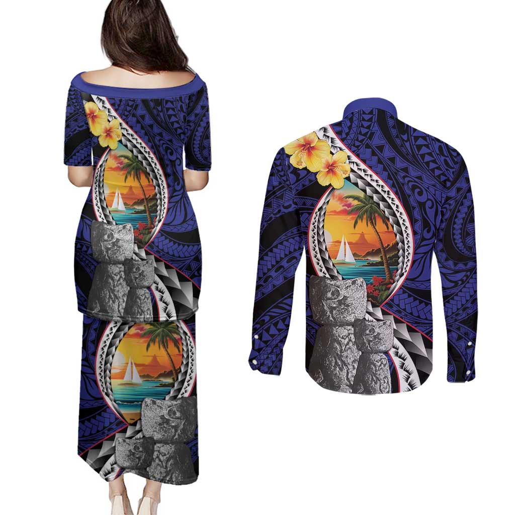 Hafa Adai Guam Seal Latte Stones Artwork Couples Matching Puletasi and Long Sleeve Button Shirt