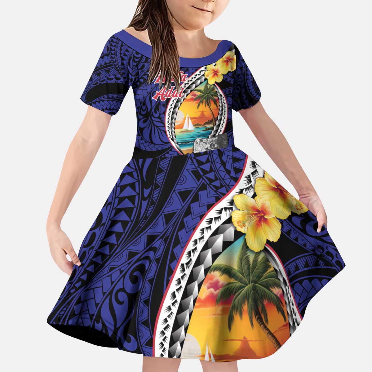 Hafa Adai Guam Seal Latte Stones Artwork Kid Short Sleeve Dress