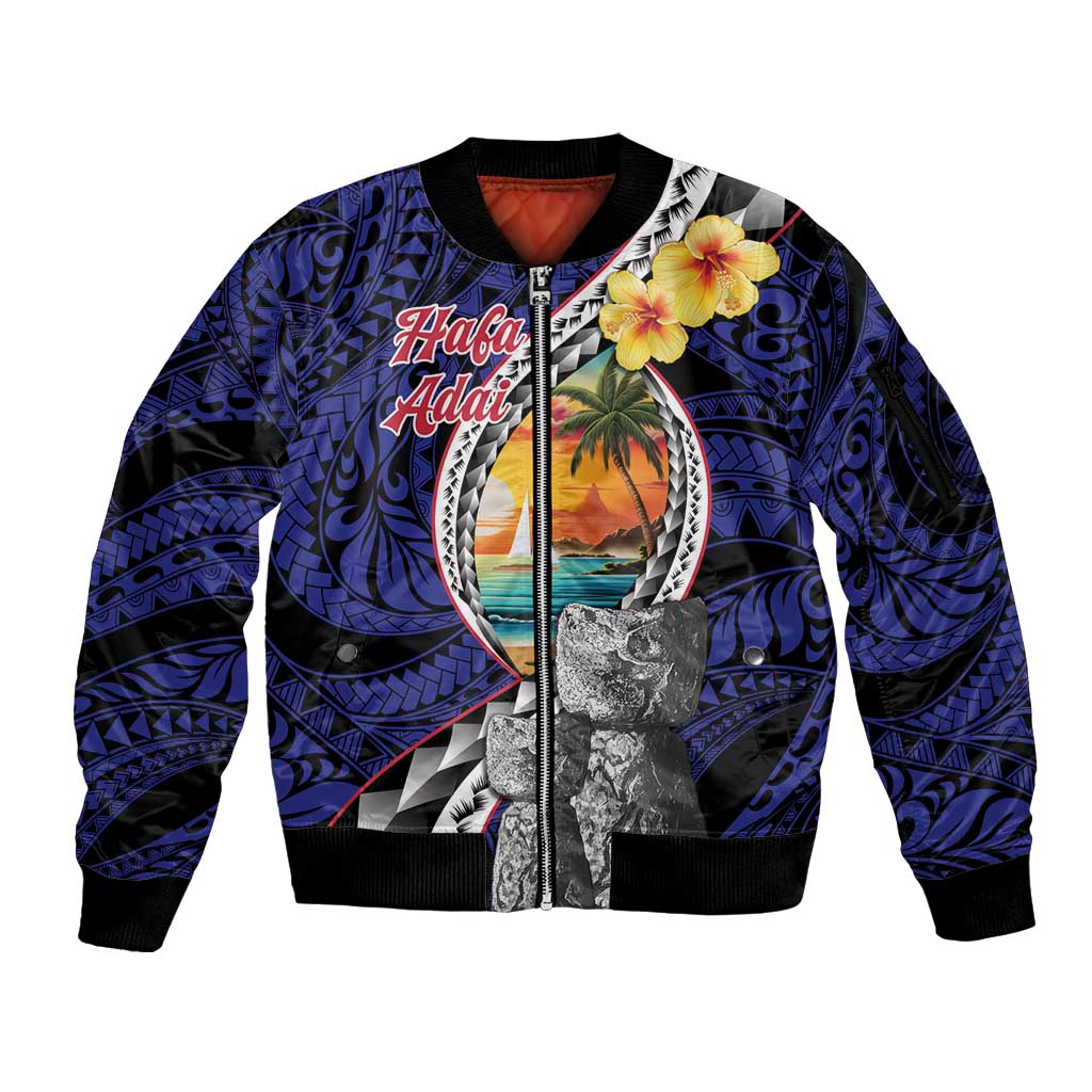 Hafa Adai Guam Seal Latte Stones Artwork Sleeve Zip Bomber Jacket LT9 Unisex Blue - Polynesian Pride