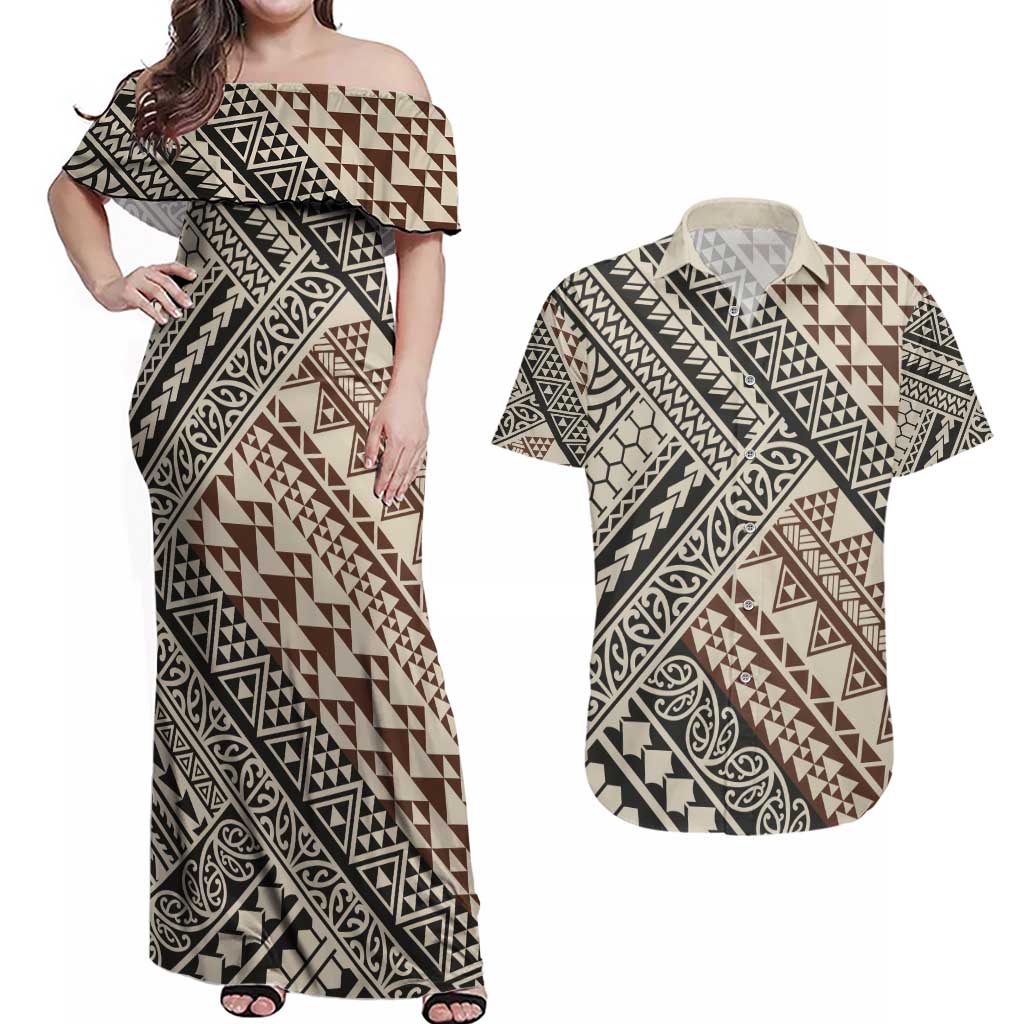 Niho Taniwha Kowhaiwhai Couples Matching Off Shoulder Maxi Dress and Hawaiian Shirt