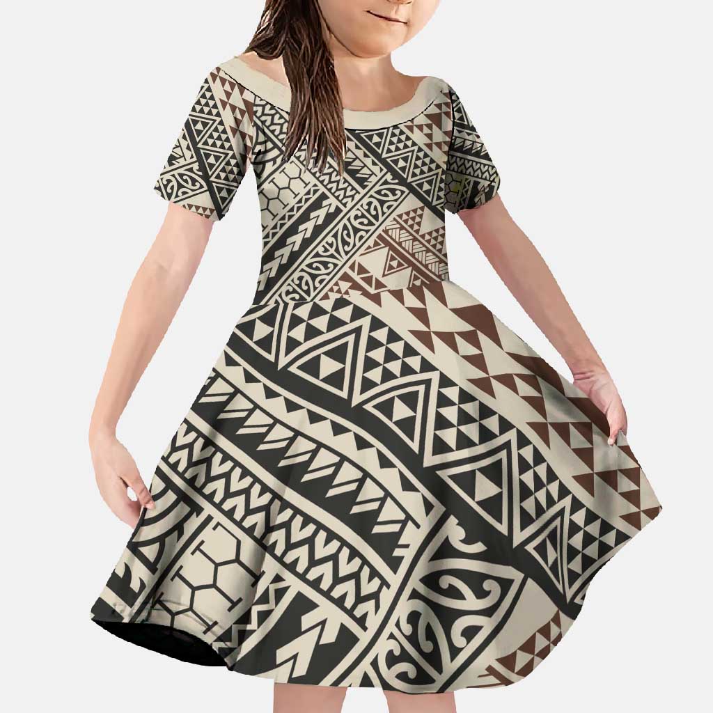 Niho Taniwha Kowhaiwhai Family Matching Mermaid Dress and Hawaiian Shirt LT9 Daughter's Dress Beige - Polynesian Pride