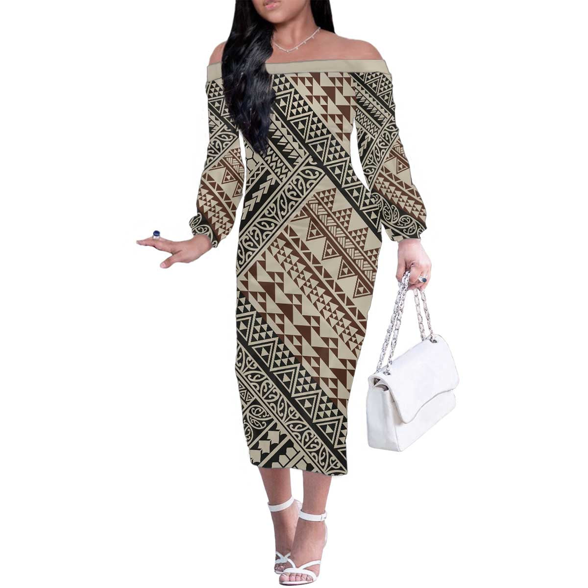 Niho Taniwha Kowhaiwhai Family Matching Off The Shoulder Long Sleeve Dress and Hawaiian Shirt