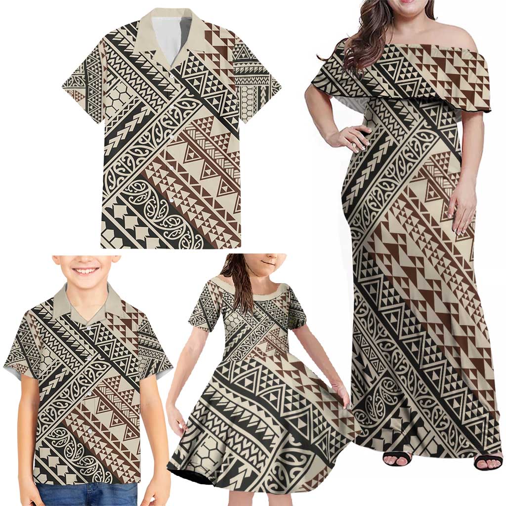 Niho Taniwha Kowhaiwhai Family Matching Off Shoulder Maxi Dress and Hawaiian Shirt
