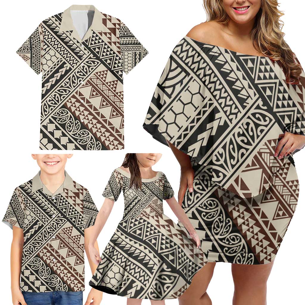 Niho Taniwha Kowhaiwhai Family Matching Off Shoulder Short Dress and Hawaiian Shirt