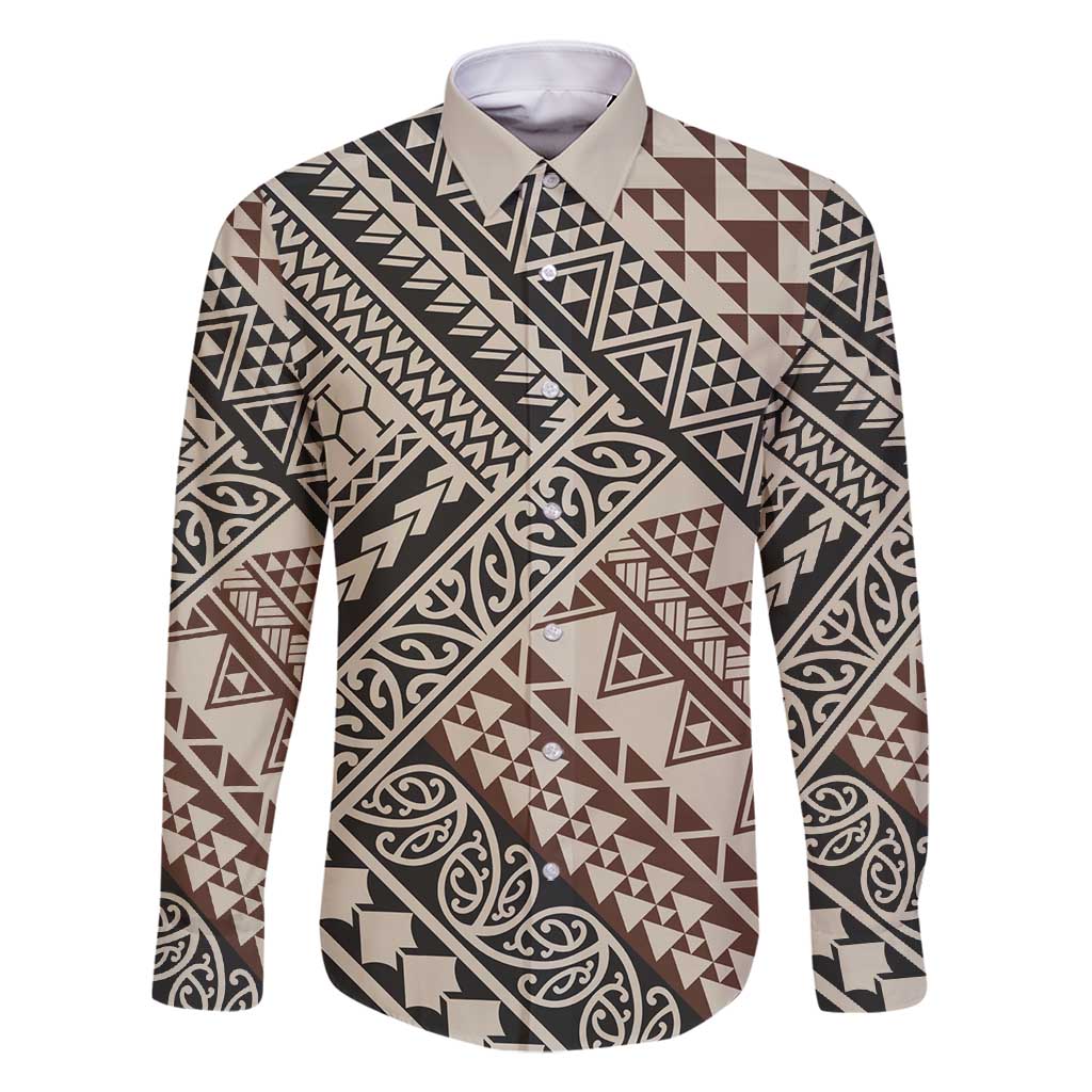 Niho Taniwha Kowhaiwhai Family Matching Off Shoulder Short Dress and Hawaiian Shirt LT9 Dad's Shirt - Long Sleeve Beige - Polynesian Pride