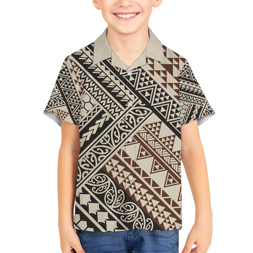 Niho Taniwha Kowhaiwhai Family Matching Off Shoulder Short Dress and Hawaiian Shirt LT9 Son's Shirt Beige - Polynesian Pride
