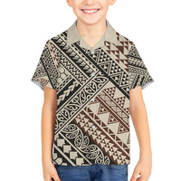 Niho Taniwha Kowhaiwhai Family Matching Off Shoulder Short Dress and Hawaiian Shirt LT9 Son's Shirt Beige - Polynesian Pride