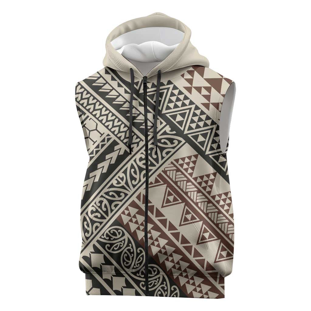 Niho Taniwha Kowhaiwhai Sleeveless Zip Hoodie LT9 Beige - Polynesian Pride