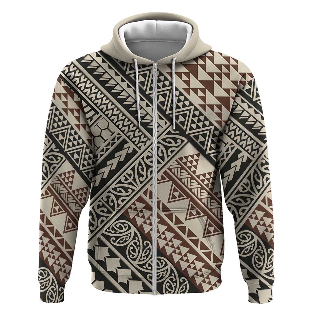 Niho Taniwha Kowhaiwhai Zip Hoodie LT9 Zip Hoodie Beige - Polynesian Pride