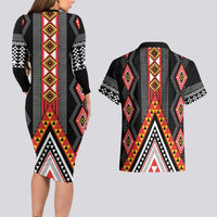 Niho Taniwha Taniko Motif Couples Matching Long Sleeve Bodycon Dress and Hawaiian Shirt
