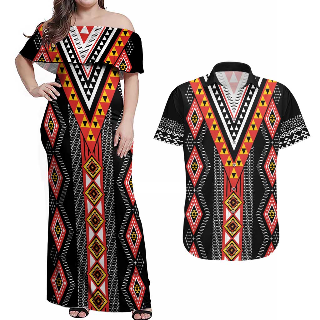 Niho Taniwha Taniko Motif Couples Matching Off Shoulder Maxi Dress and Hawaiian Shirt LT9 Red - Polynesian Pride