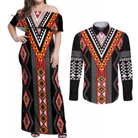Niho Taniwha Taniko Motif Couples Matching Off Shoulder Maxi Dress and Long Sleeve Button Shirt LT9 Red - Polynesian Pride