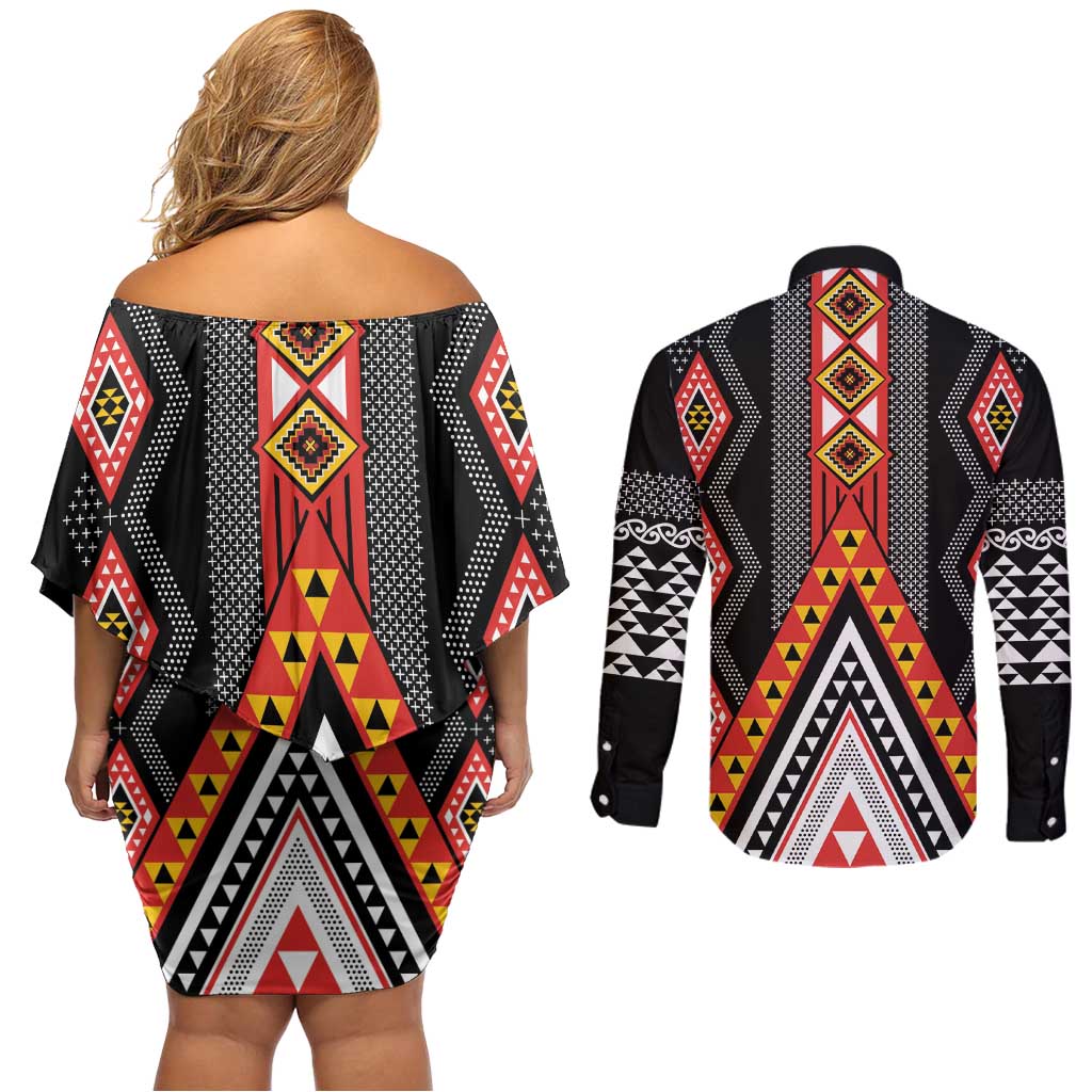 Niho Taniwha Taniko Motif Couples Matching Off Shoulder Short Dress and Long Sleeve Button Shirt LT9 - Polynesian Pride