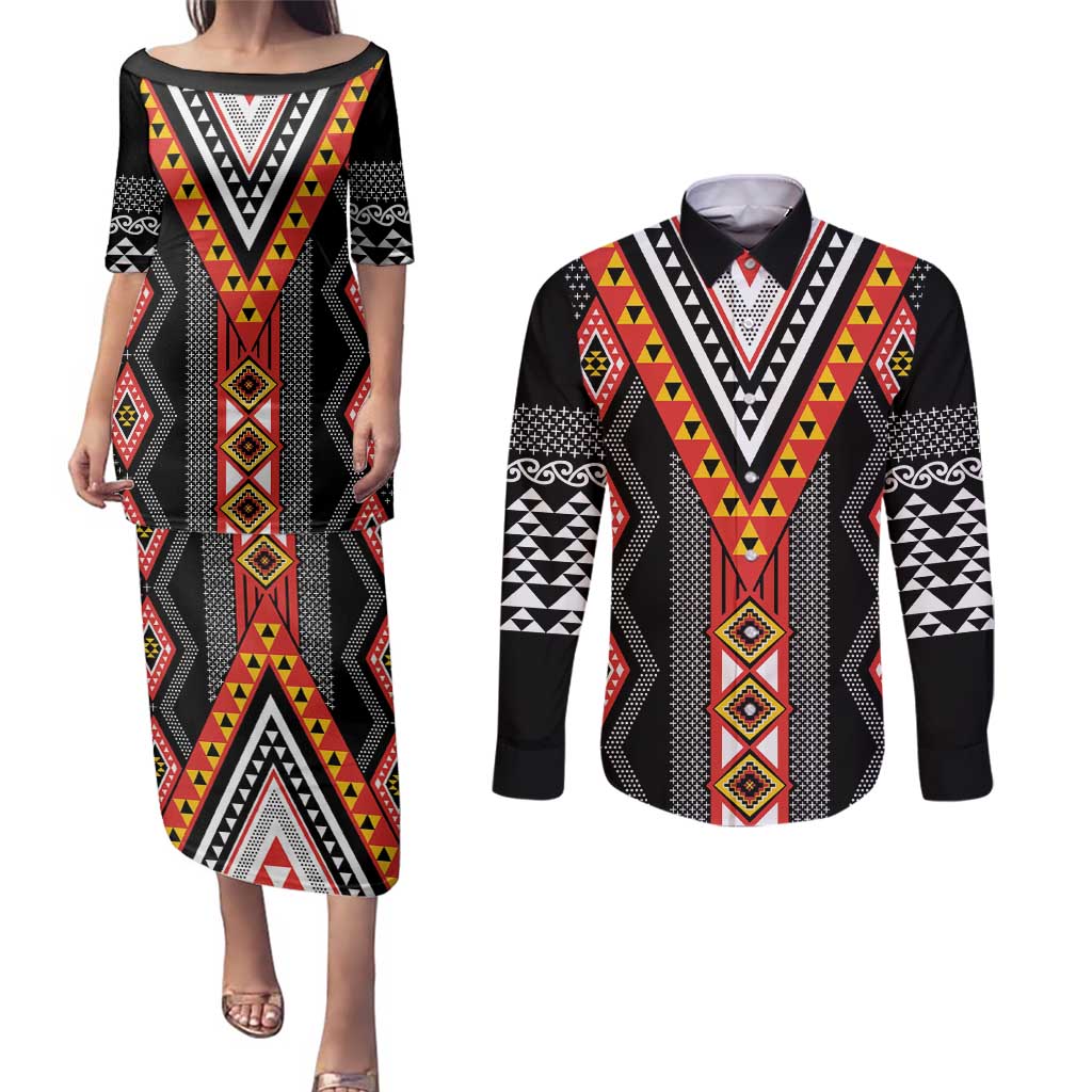 Niho Taniwha Taniko Motif Couples Matching Puletasi and Long Sleeve Button Shirt