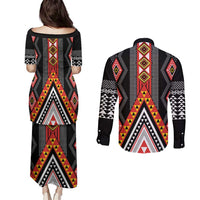 Niho Taniwha Taniko Motif Couples Matching Puletasi and Long Sleeve Button Shirt
