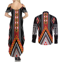 Niho Taniwha Taniko Motif Couples Matching Summer Maxi Dress and Long Sleeve Button Shirt LT9 - Polynesian Pride