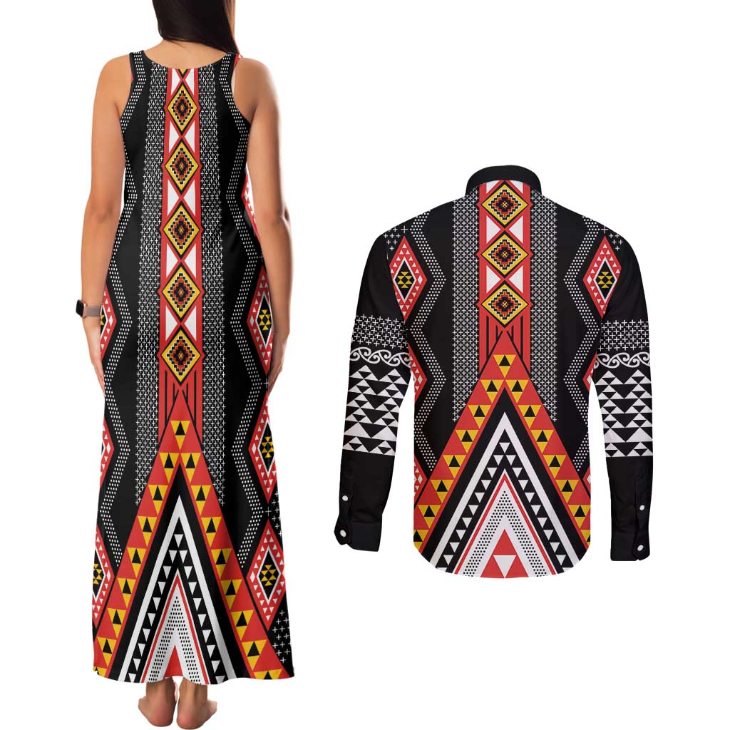 Niho Taniwha Taniko Motif Couples Matching Tank Maxi Dress and Long Sleeve Button Shirt LT9 - Polynesian Pride