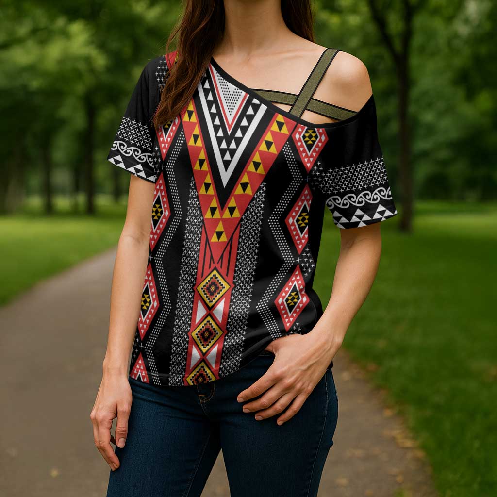 Niho Taniwha Taniko Motif Cross Shoulder Shirt - Polynesian Pride