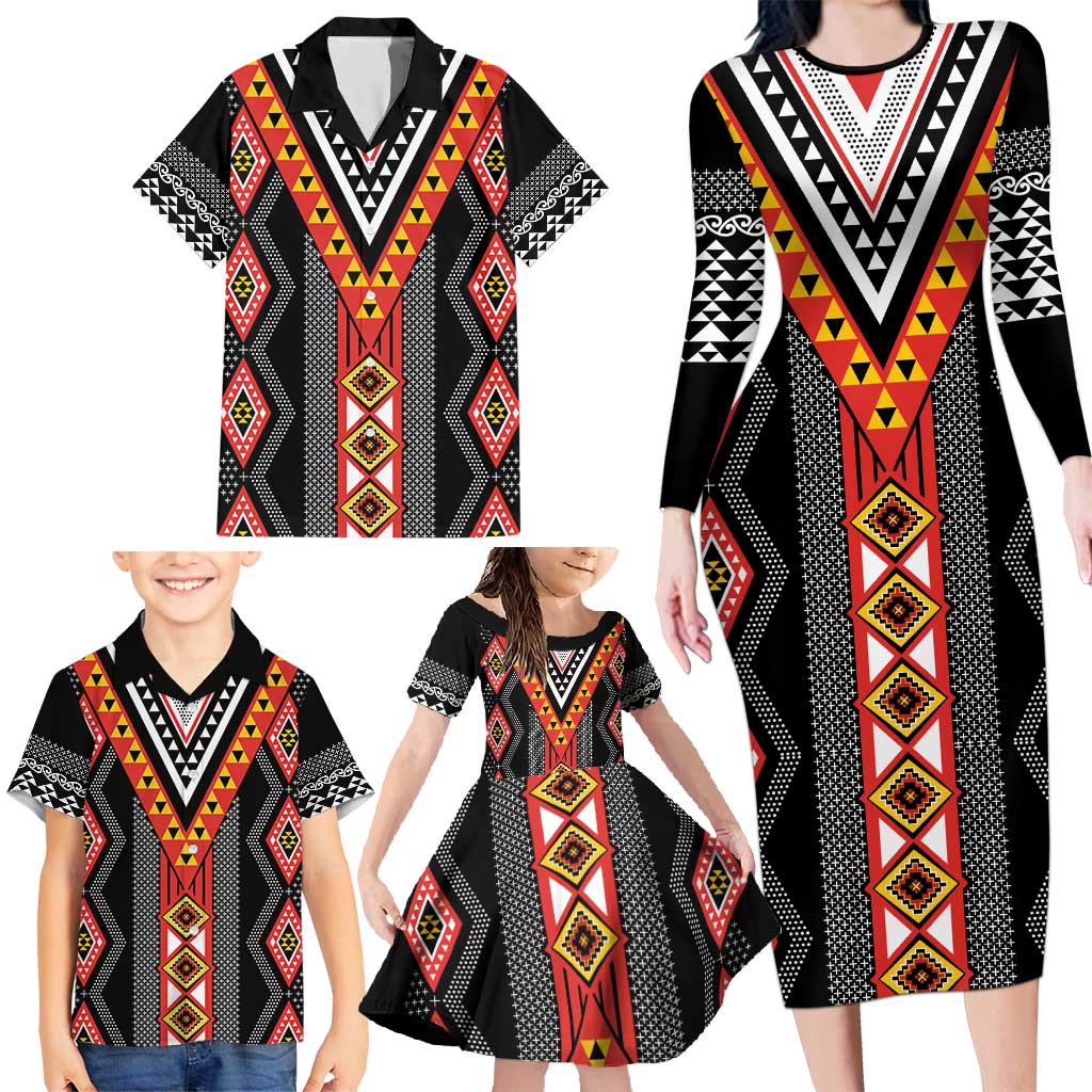 Niho Taniwha Taniko Motif Family Matching Long Sleeve Bodycon Dress and Hawaiian Shirt