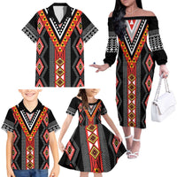 Niho Taniwha Taniko Motif Family Matching Off The Shoulder Long Sleeve Dress and Hawaiian Shirt